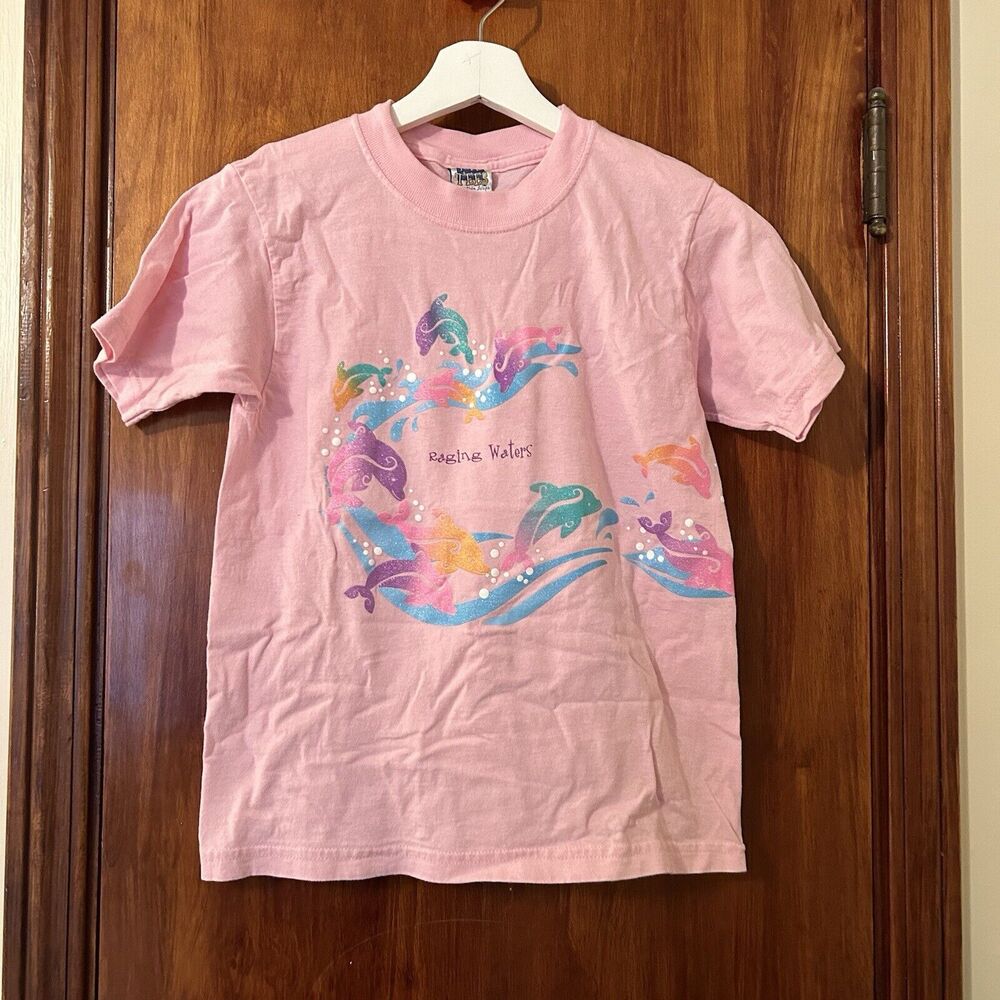 Raging Waters Kids Dolphin Shirt Vintage 90s Short Sleeve Glitter T-Shirt Large